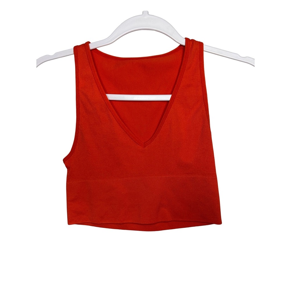 Red Cropped Tank Top Sleeveless Ribbed‎ V Neck Casual Basic Women's